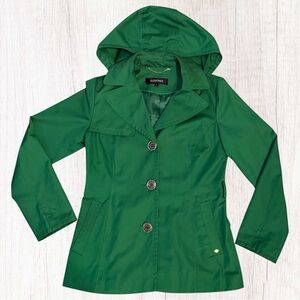 Ellen Tracy Kelly Green Hooded Raincoat Jacket Size Small Button Front Spring